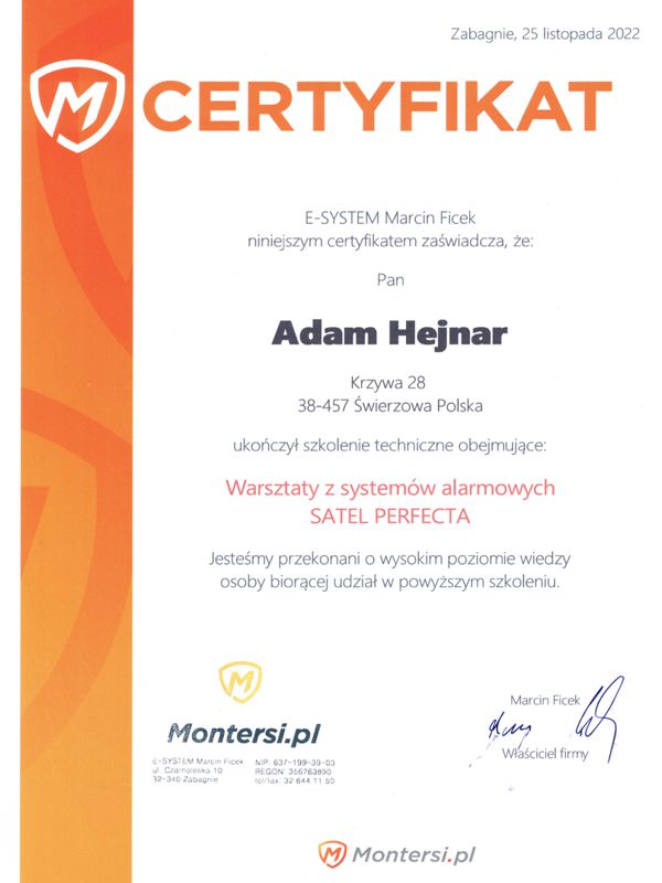 Certyfikat Montersi.pl - Satel Perfecta