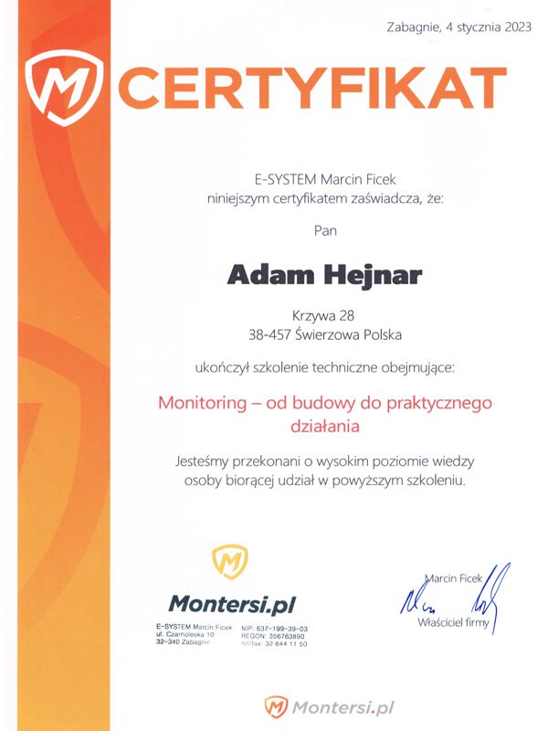 Certyfikat Montersi.pl - Monitoring